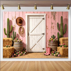 Lofaris Toile de fond de photographie western rustique avec porte de grange et cactus, arrière-plan rose délavé pour studio photo