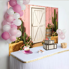 Lofaris Toile de fond de photographie western rose avec cactus et porte de grange, arrière-plan rustique pour studio photo ou événement country