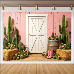 Lofaris Toile de fond de photographie western rose avec cactus et porte de grange, arrière-plan rustique pour studio photo ou événement country