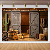 Lofaris Toile de fond de photographie western avec portes de grange en bois et cactus, arrière-plan rustique pour studio photo ou décor de fête