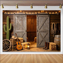 Lofaris Toile de fond de photographie western avec portes de grange en bois et cactus, arrière-plan rustique pour studio photo ou décor de fête