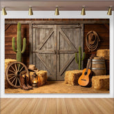Lofaris Toile de fond de photographie western avec porte de grange bois cactus et foin, rustique pour studio photo et fête à thème cowboy