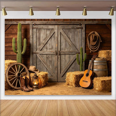 Lofaris Toile de fond de photographie western avec porte de grange bois cactus et foin, rustique pour studio photo et fête à thème cowboy