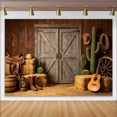 Lofaris Toile de fond de photographie western avec grange en bois, foin et cactus, arrière-plan rustique pour studio photo ou événement