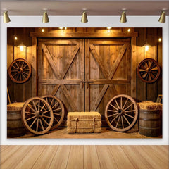 Lofaris Toile de fond de photographie grange rustique en bois avec roues, arrière-plan champêtre pour studio photo et événements