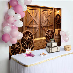 Lofaris Toile de fond de photographie rustique grange en bois et roues de chariot, magnifique décor de studio pour portrait et scène de ferme