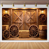 Lofaris Toile de fond de photographie rustique grange en bois et roues de chariot, magnifique décor de studio pour portrait et scène de ferme