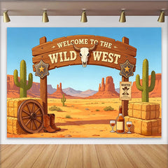Lofaris Toile de fond de photographie Far West avec panneau et crâne de taureau, décor désertique pour studio photo et événement à thème