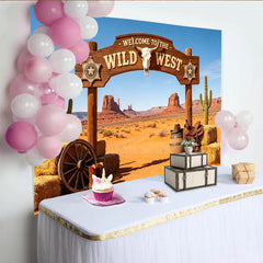 Lofaris Toile de fond thème western avec arche en bois et crâne de taureau, décor désertique pour fête et séance photo