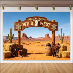 Lofaris Toile de fond thème western avec arche en bois et crâne de taureau, décor désertique pour fête et séance photo