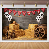 Lofaris Toile de fond de photographie western avec ballons vache et foin, authentique arrière-plan de ferme pour studio ou fête à thème