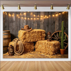 Lofaris Toile de fond de photographie western avec foin, chapeau et lumières, arrière-plan rustique pour studio photo