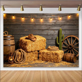 Lofaris Toile de fond de photographie western avec balles de foin et chapeau de cowboy, rustique pour studio photo et décor de fête