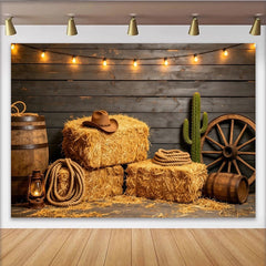 Lofaris Toile de fond de photographie western avec balles de foin et chapeau de cowboy, rustique pour studio photo et décor de fête