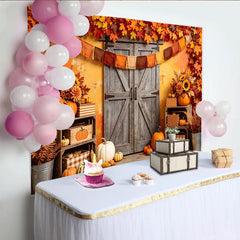 Lofaris Toile de fond d'automne rustique portes en bois et feuilles d'érable, arrière-plan de récolte citrouilles et tournesols pour studio