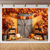 Lofaris Toile de fond d'automne rustique portes en bois et feuilles d'érable, arrière-plan de récolte citrouilles et tournesols pour studio