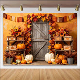 Lofaris Toile de fond d'automne rustique avec porte en bois citrouilles et feuilles d'érable, magnifique arrière-plan de récolte