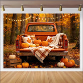 Lofaris Toile de fond d'automne avec camion vintage orange et citrouilles, magnifique arrière-plan de récolte pour séance photo de saison