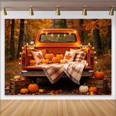 Lofaris. Toile de fond d'automne camion vintage orange avec citrouilles et feuilles d'érable, chaleureux pour studio photo et décor saisonnier