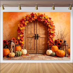 Lofaris Toile de fond d'automne porte en bois feuilles d'érable et citrouilles, chaleureux pour studio photo ou célébration d'automne