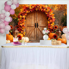 Lofaris Toile de fond de photographie automne feuilles et citrouilles, arrière-plan rustique avec porte en bois pour décor de récolte