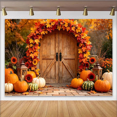 Lofaris Toile de fond de photographie automne feuilles et citrouilles, arrière-plan rustique avec porte en bois pour décor de récolte