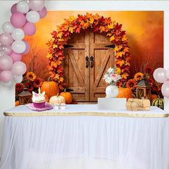 Lofaris Toile de fond d'automne avec porte en bois, citrouilles et feuilles d'érable, magnifique arrière-plan de récolte pour séance photo