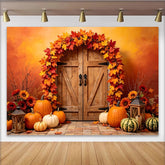 Lofaris Toile de fond d'automne avec porte en bois, citrouilles et feuilles d'érable, magnifique arrière-plan de récolte pour séance photo