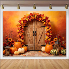 Lofaris Toile de fond d'automne avec porte en bois, citrouilles et feuilles d'érable, magnifique arrière-plan de récolte pour séance photo