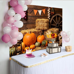 Lofaris Toile de fond de Thanksgiving rustique avec citrouilles et balles de foin, magnifique décor de récolte pour séance photo d'automne