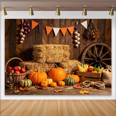 Lofaris Toile de fond d'automne rustique avec citrouilles et bottes de foin, décor de ferme pour la récolte et Thanksgiving