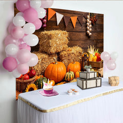 Lofaris Toile de fond de Thanksgiving rustique avec citrouilles et bottes de foin, décor de récolte d'automne pour studio photo et fête