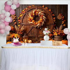 Lofaris Toile de fond d'automne rustique avec citrouilles et feuilles d'érable, magnifique décor de récolte avec couronne et fleurs