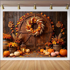 Lofaris Toile de fond d'automne rustique avec citrouilles et feuilles d'érable, magnifique décor de récolte avec couronne et fleurs