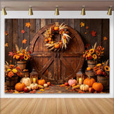 Lofaris Toile de fond d'automne rustique avec citrouilles et porte de grange, décor de récolte chaleureux pour studio photo et célébration