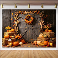 Lofaris Toile de fond d'automne rustique avec citrouilles et porte de grange en bois, magnifique arrière-plan pour photographie de récolte