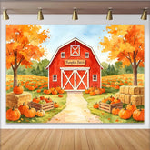 Lofaris Toile de fond d'automne champ de citrouilles avec grange rouge, magnifique arrière-plan de récolte pour Halloween ou Thanksgiving