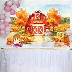 Lofaris Toile de fond d'automne avec grange rouge et champ de citrouilles, magnifique arrière-plan de ferme pour séance photo de récolte