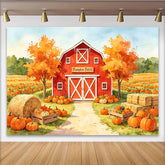 Lofaris Toile de fond d'automne avec grange rouge et champ de citrouilles, magnifique arrière-plan de ferme pour séance photo de récolte