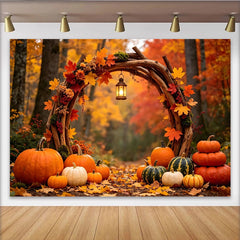 Lofaris Toile de fond d'automne avec arche rustique, citrouilles et feuilles colorées, décor de récolte pour séance photo et événement