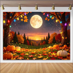 Lofaris Toile de fond d'Halloween avec citrouilles et feuilles d'automne, arbres illuminés et toiles d'araignée pour un décor festif