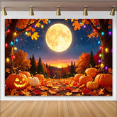 Lofaris Toile de fond d'Halloween pleine lune et citrouilles lumineuses, décor de forêt automnale avec lumières colorées pour studio photo