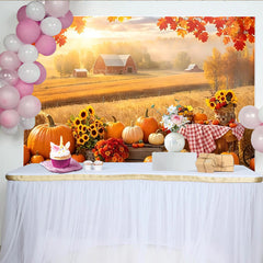 Lofaris Toile de fond d'automne rustique avec citrouilles et grange rouge, magnifique décor de récolte pour séance photo de famille