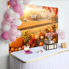 Lofaris Toile de fond d'automne rustique avec citrouilles et grange rouge, magnifique décor de récolte pour séance photo de famille