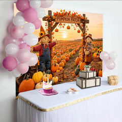 Lofaris Toile de fond d'automne avec champ de citrouilles et épouvantails, magnifique arrière-plan pour photographie de récolte et fête