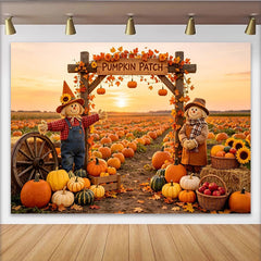 Lofaris Toile de fond d'automne avec champ de citrouilles et épouvantails, magnifique arrière-plan pour photographie de récolte et fête
