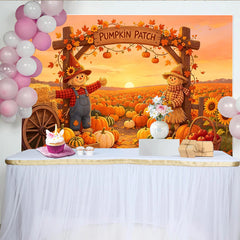 Lofaris Toile de fond de champ de citrouilles avec épouvantails et feuilles d'automne, décor rustique pour la récolte et séance photo