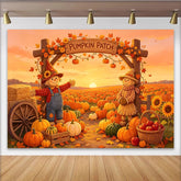 Lofaris Toile de fond de champ de citrouilles avec épouvantails et feuilles d'automne, décor rustique pour la récolte et séance photo