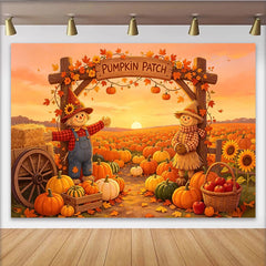 Lofaris Toile de fond de champ de citrouilles avec épouvantails et feuilles d'automne, décor rustique pour la récolte et séance photo