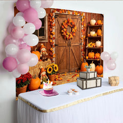 Lofaris Toile de fond d'automne rustique grange avec citrouilles et feuilles, magnifique décor de récolte pour studio photo et fête de saison